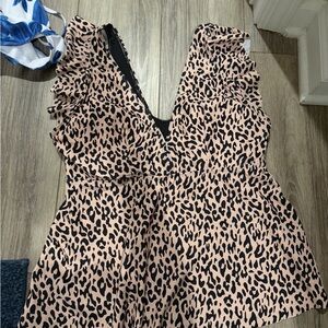 Womens Leopard Print V-Neck Swim Top with Ruffle Sleeves